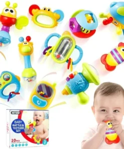 10 hochets avec anneaux de dentition pour le développement de la motricité et du suivi visuel – cadeau de naissance